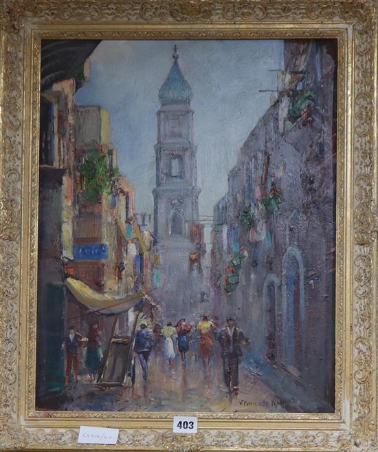 Vincenzo Funiciello, oil on board, Naples street scene, signed, 49 x 39cm